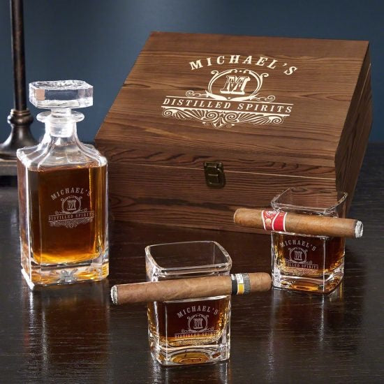 Personalized Cigar Whiskey Glass and Decanter Box Set