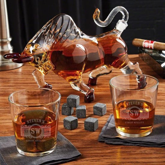 Bull Decanter with Stones and Custom Whiskey Glasses