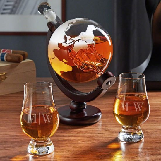 Globe Decanter with Monogrammed Glencairn Glasses