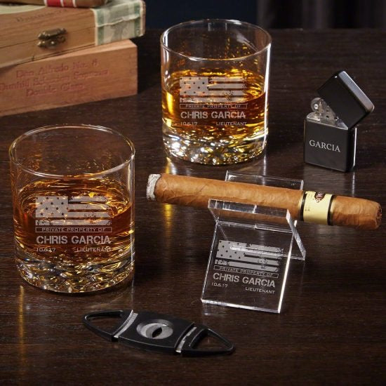 Custom Whiskey and Cigar Accessories Set Veterans Day Gifts