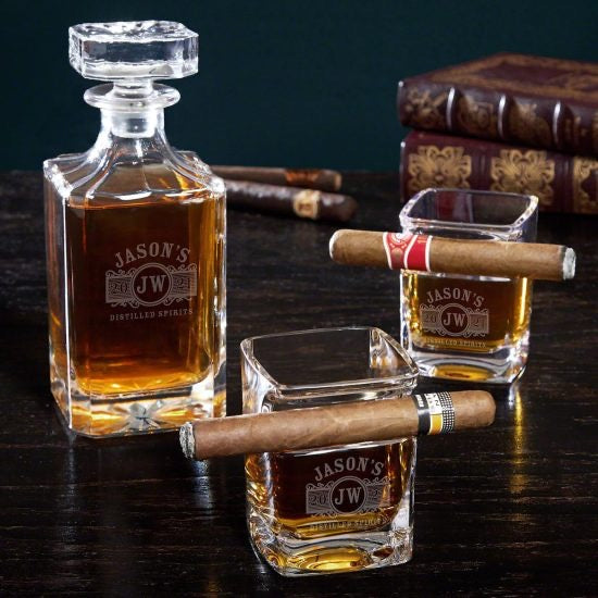 Personalized Cigar Glass and Decanter Gift Set of Gifts for 65 Year Old Men