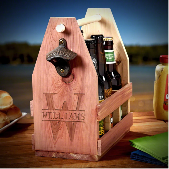 Personalized Wooden Beer Caddy with Cast Iron Bottle Opener