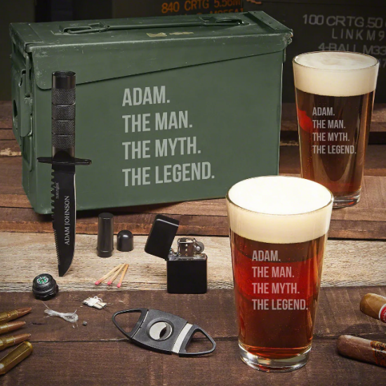 Personalized Birthday Baskets for Him are Pint Glass Ammo Cans