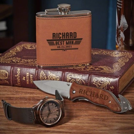 Personalized Flask, Knife, and Wooden Watch