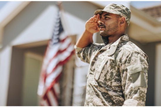 Marines in salutewith Amreican flag as backdrop