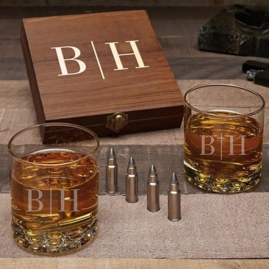 Two rum glasses with bullet liquor stones