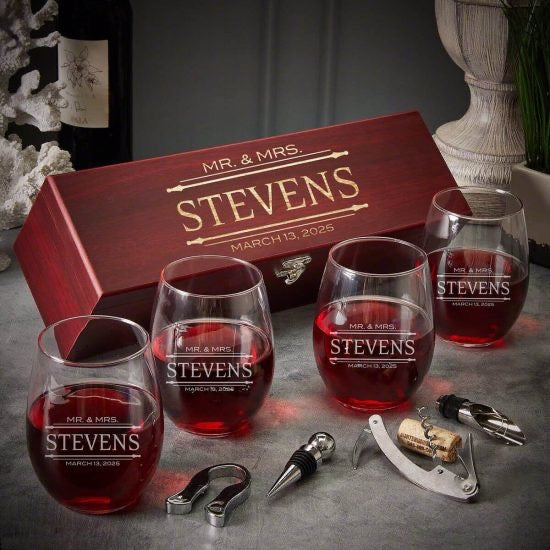 Wine box set with four wine glasses and wine accessories and tools