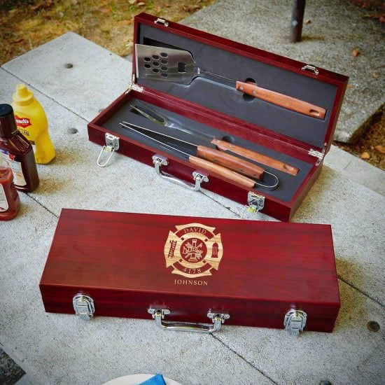 Personalized grill accessories with firefighter badge engraving