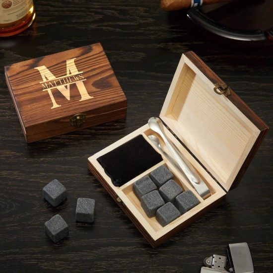Custom whiskey stone gift set with tongs and engraved box