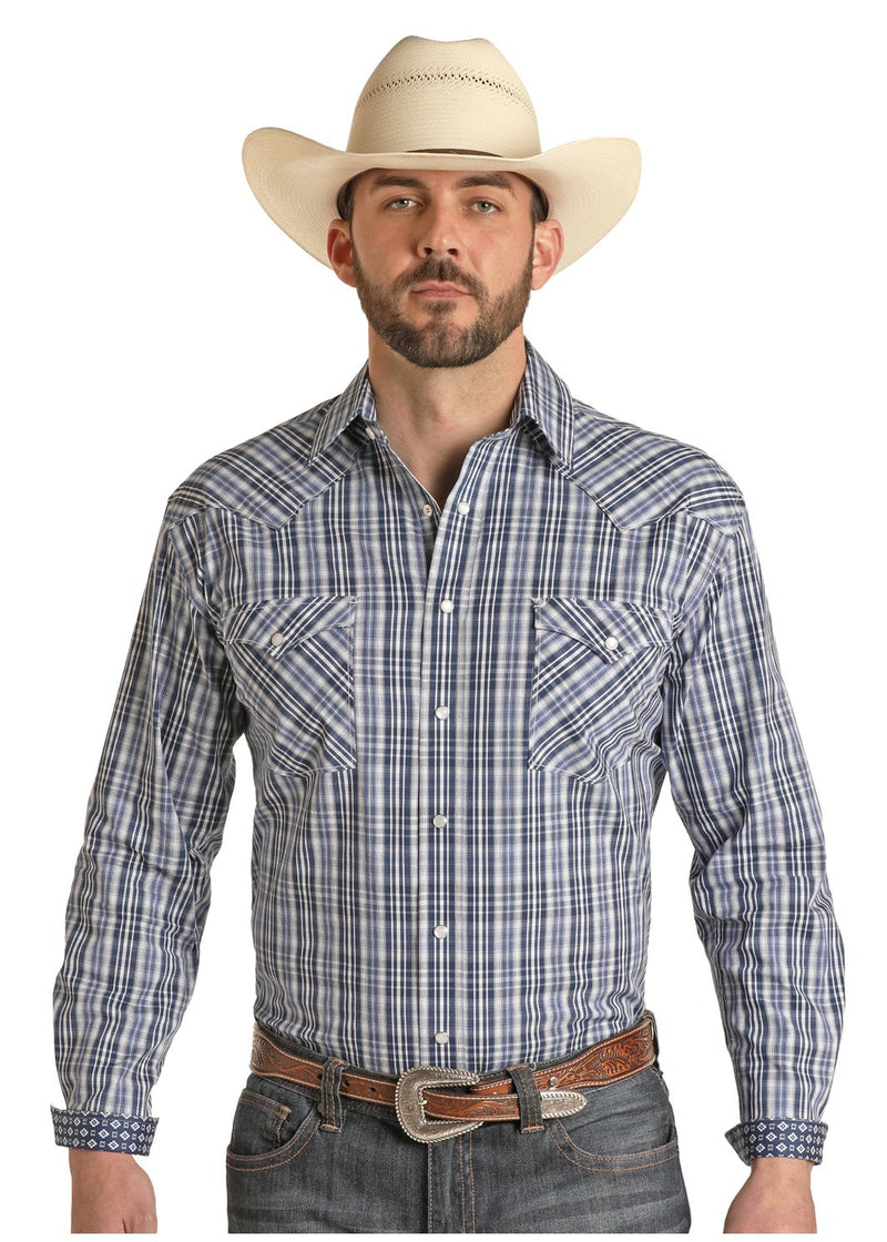Men's Panhandle Rough Stock Western Long Sleeve Snap Button, Blue Plai ...