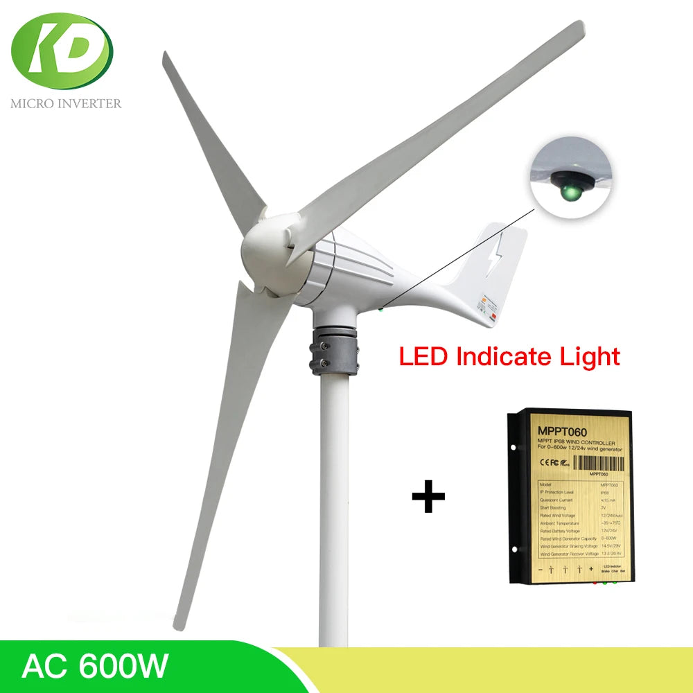Wind Turbine High Efficient 600W Generator 12V 24V Home Small Windmill LED Indicate Light Free MPPT Charge Controller