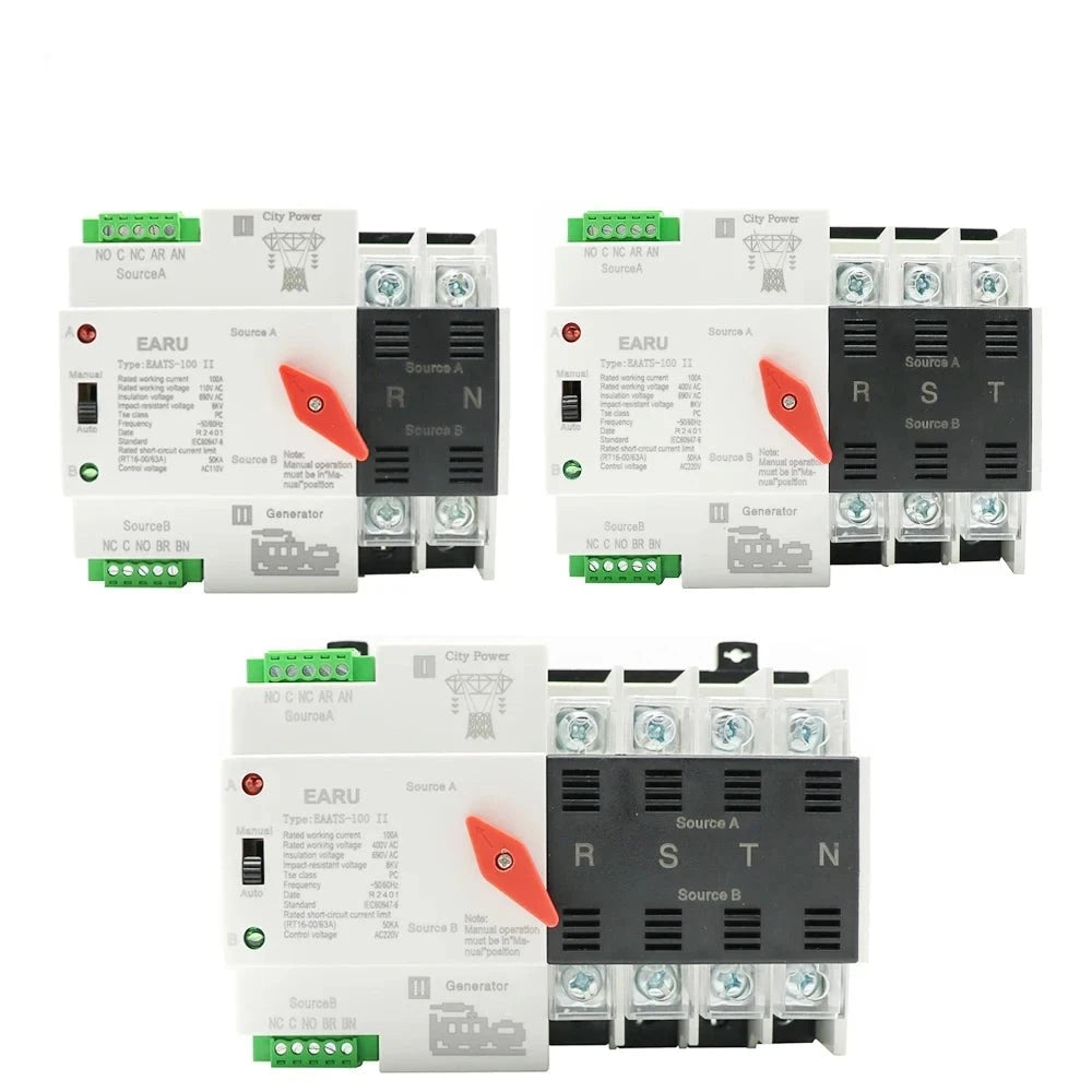 2/3/4P 100A 110V/220V Mini ATS Automatic Transfer Switch Electrical Selector Switches Dual Power Switch PV Solar Energy Din Rail