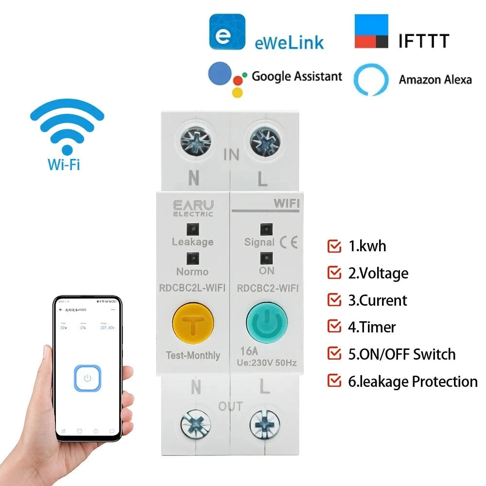 2P WIFI Circuit Breaker Energy Power kWh Meter Time Timer Switch Relay Voltmeter Current Leakage Protection RCBO Remote Control