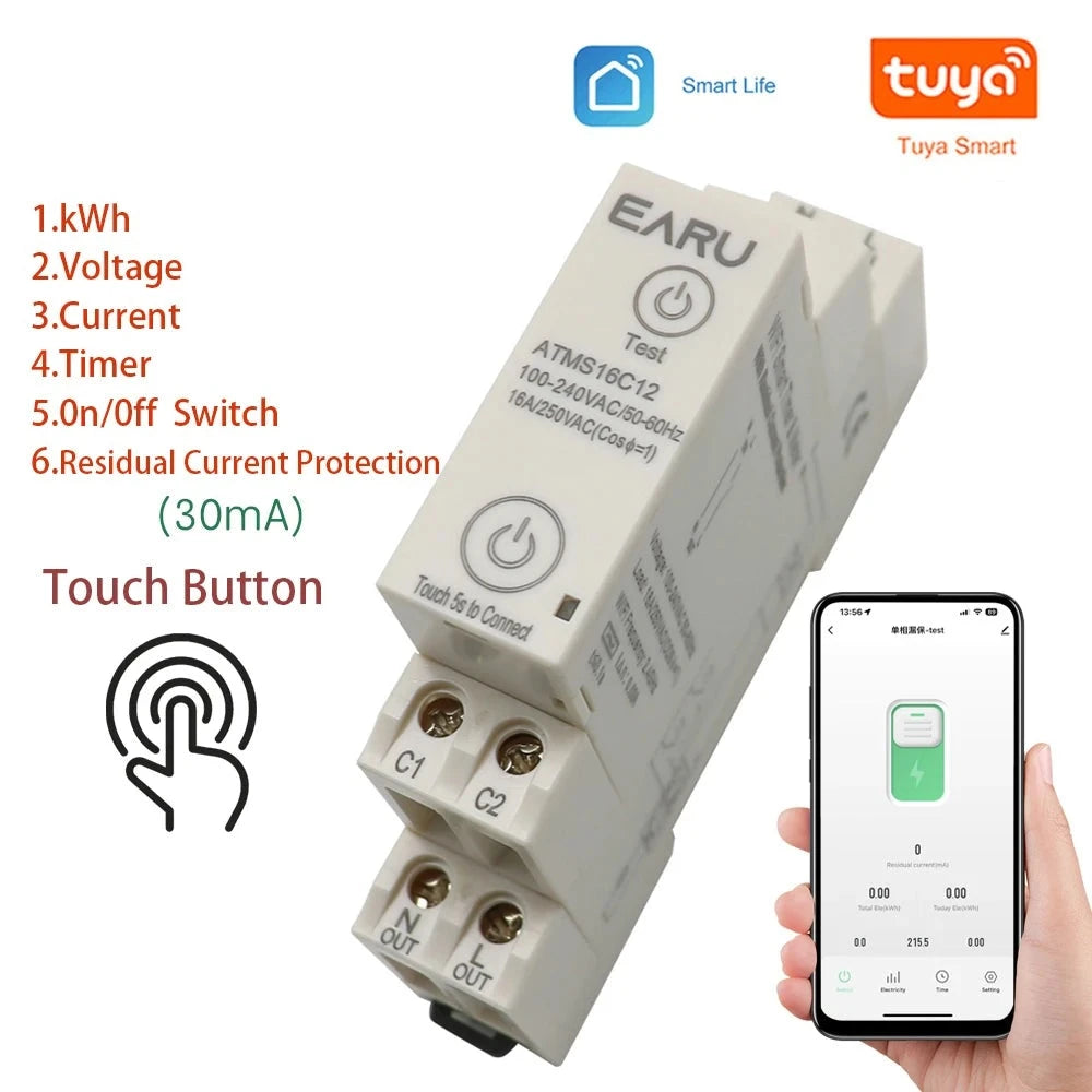 Tuya APP 1P+N AC110V 220V 16A WiFi Smart Circuit Breaker RCBO Timer Relay Switch Remote Control kWh Energy Power Meter Monitor