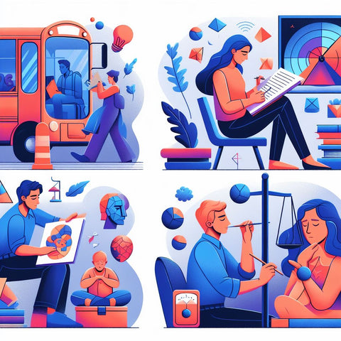 An image of a person sketching on a bus, another person brainstorming during lunch, and another person sculpting while the kids nap, with colorful geometric shapes and a balance scale in the background