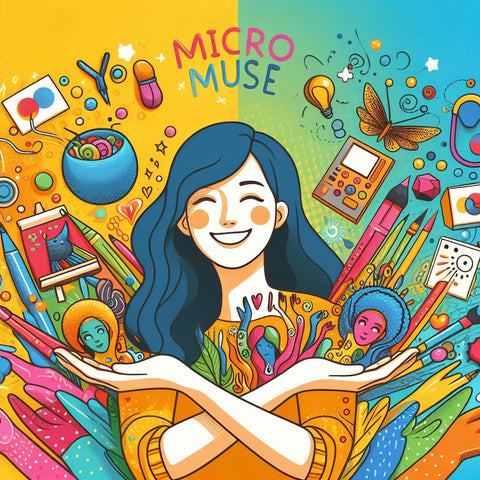 A colorful image that shows a person embracing the micro muse with different art forms. The person is smiling and enjoying, surrounded by sketches, doodles, sculptures, and other creative outputs of different colors that represent their micro-sessions