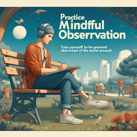 An image for a website blog post about Practice mindful observation. The image shows a person sitting on a bench in a park, wearing headphones and holding a sketchbook. The person has a calm and attentive expression on their face. The background is a realistic scene of a sunny day, with trees, flowers, birds, and people. The image has a catchy title that says 'Practice mindful observation' and a subtitle that says 'Train yourself to be present and observant of the world around you.'