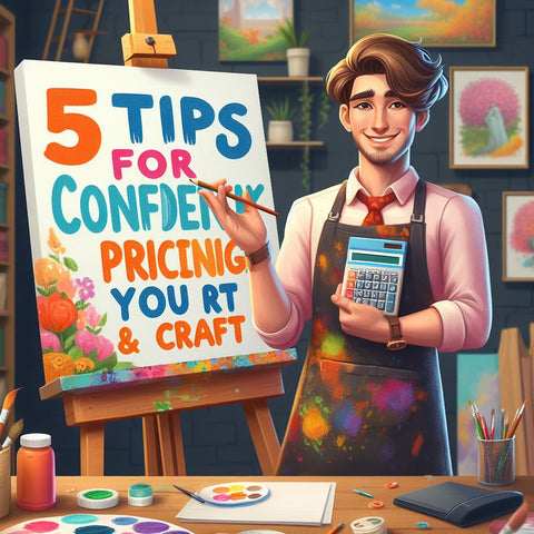 An image for a different blog post about 5 Tips for Confidently Pricing Your Art & Craft. The image shows a person holding a painting and a calculator, smiling confidently. The person is wearing a colorful apron and has paint stains on their hands. The background is a realistic scene of an art studio with various paintings and crafts on the walls and shelves. The image has a catchy title that says \'5 Tips for Confidently Pricing Your Art & Craft\'