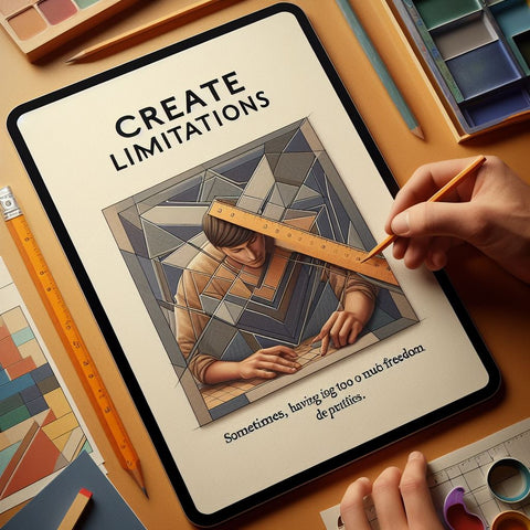 An image for a website blog post about Create limitations. The image shows a person drawing a geometric pattern with a pencil and a ruler, on a square piece of paper. The person has a focused and determined expression on their face. The background is a realistic scene of a desk with various art supplies, such as scissors, glue, paint, and paper. The image has a catchy title that says 'Create limitations' and a subtitle that says 'Sometimes, having too much freedom can be paralyzing.