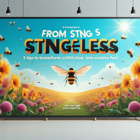 The banner shows a bee flying over a field of flowers, with the title of the blog post in a catchy font and a subtitle that says 'How to use feedback to boost your creativity and productivity'. The banner has a bright and cheerful color scheme that contrasts the negative connotation of criticism.