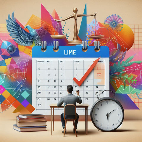 An image of a person blocking time in their calendar for creative pursuits, with colorful geometric shapes and a balance scale in the background