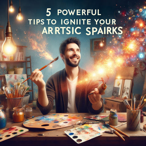 The image shows a person holding a paintbrush and a palette, surrounded by colorful sparks of creativity. The person has a smile on their face and looks inspired. The background is a realistic scene of a studio with various art materials and tools. The image has a catchy title that says '5 Powerful Tips to Ignite Your Artistic Sparks'
