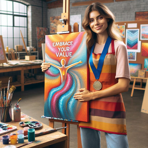 An image for a blog post about Embrace Your Value. The image shows a person posing with a painting in an art studio. The person is wearing a colorful apron and has a medal around their neck. The painting is a vibrant abstract piece that reflects the person's style and personality. The person is smiling and looking proud of their work. The background is a realistic scene of an art studio with various tools, materials, and artworks on the walls and shelves.