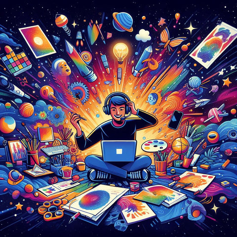 A colorful image that shows a person batching their creativity and collaborating with other artists in a space-themed setting. The person is smiling and engaged, surrounded by paintings, sketches, and other artworks of different colors that represent their creative bursts. The person  also have a laptop, a phone, and a headset to communicate and collaborate with their online tribe.