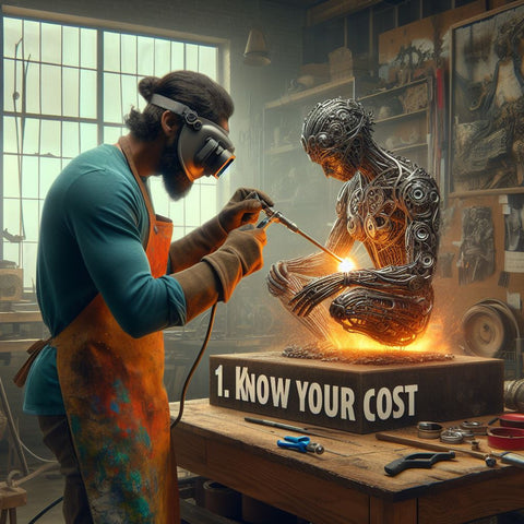 An image for a blog post about 1. Know Your Cost. The image shows a person working on a sculpture in an art studio. The person is wearing a colorful apron and has a pair of goggles on their head. The sculpture is made of metal and has intricate details. The person is using a blowtorch to weld the metal pieces together. The background is a realistic scene of an art studio with various tools, materials, and artworks on the walls and shelves.