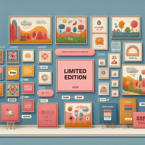 An image of a colorful art gallery with different sizes, customization levels, and bundled sets of paintings on the walls. Some paintings have labels that show the price and the payment plan options. One painting has a sign that says 'Limited Edition'.