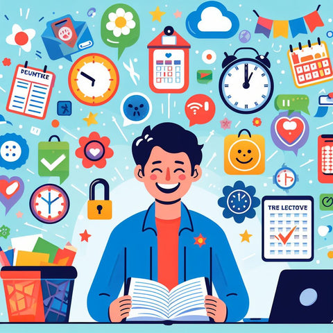 A colorful image that shows a person decluttering their schedule and mind with different strategies. The person is smiling and calm, surrounded by icons and symbols that represent their time vampires, notifications, and distractions, such as a phone, a laptop, a clock, etc. The person also have a planner, a calendar, and a trash bin to help them organize and eliminate their non-essential activities.