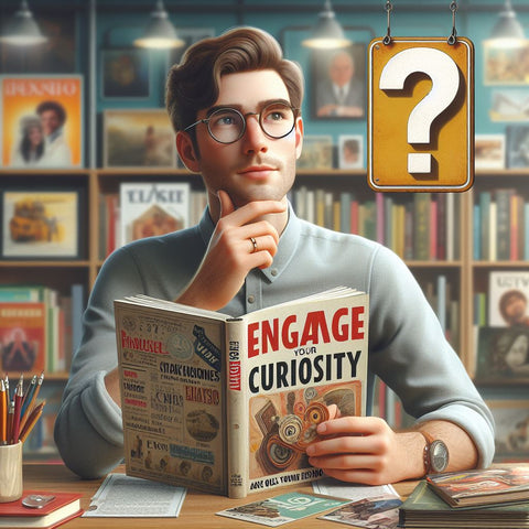 An image for a website blog post about Engage your curiosity. The image shows a person wearing glasses and holding a book, looking at a question mark symbol. The person has a thoughtful and interested expression on their face. The background is a realistic scene of a library with various books and magazines on different topics, such as science, history, art, and culture. The image has a catchy title that says 'Engage your curiosity'