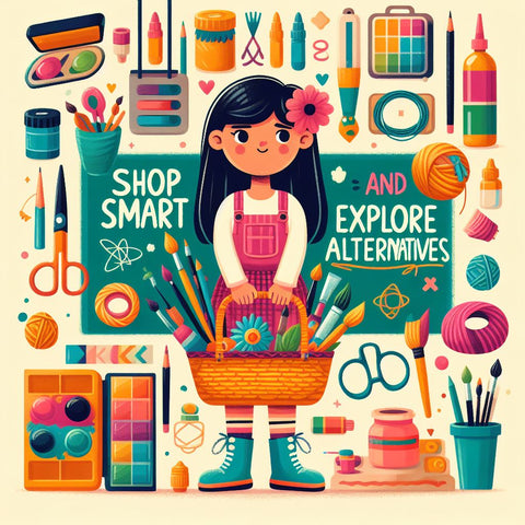 A colorful banner with a girl character holding a basket full of paints, brushes, and other craft supplies, surrounded by various DIY and alternative materials and the text \'Shop Smart and Explore Alternatives\'