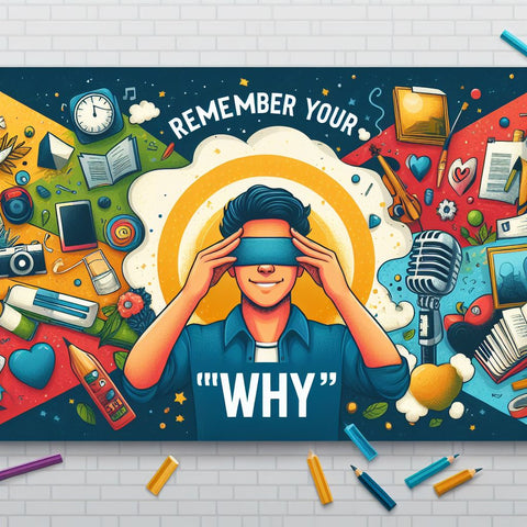 A colorful banner with the title Remember Your "Why". The image show a person reconnecting with their passion and visualizing their goals with different art forms. The person is smiling and confident, surrounded by images and words that represent their artistic journey, such as a canvas, a microphone, a book, etc.
