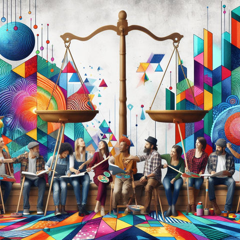 An image of a group of diverse artists collaborating on a mural, with colorful geometric shapes and a balance scale in the background