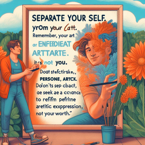 The banner shows a person holding a painting of themselves, with a smile on their face and a confident posture. The painting is slightly different from the person, showing their artistic style and vision. The banner has a vibrant and harmonious color scheme that reflects the positive message of the blog post.