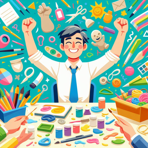 A colorful image that shows a person experimenting and embracing play with different art forms. The person is smiling and having fun, surrounded by various tools and materials such as paint, clay, paper, scissors, etc.