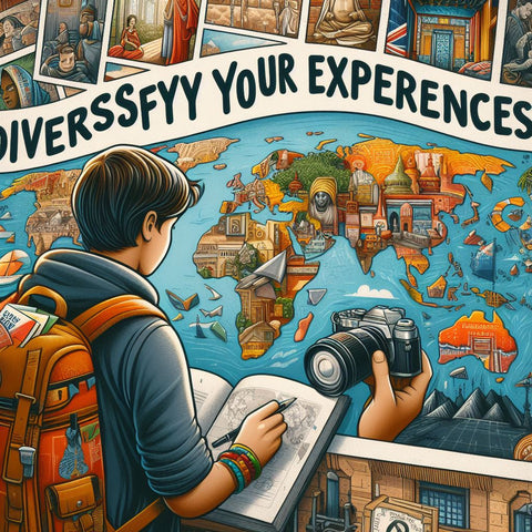 The image shows a person wearing a backpack and a camera, looking at a map of the world. The person has a curious and adventurous expression on their face. The background is a collage of different scenes from various places and cultures, such as a mountain, a temple, a market, a museum, and a concert. The image has a catchy title that says 'Diversify your experiences