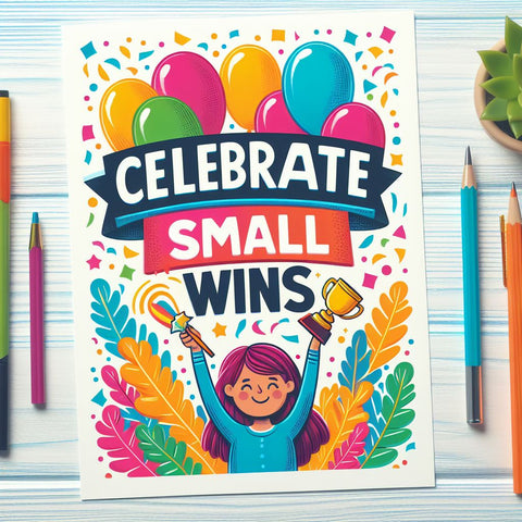 A colorful banner with the title Celebrate Small Wins. It show a person holding a trophy and smiling, surrounded by confetti and balloons of different colors that represent their achievements.