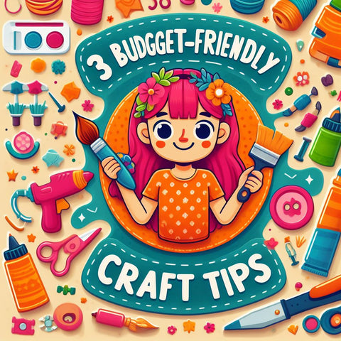 A colorful banner with a girl character holding a paintbrush and a glue gun, surrounded by various craft materials and the text '3 Budget-Friendly Craft Tips'