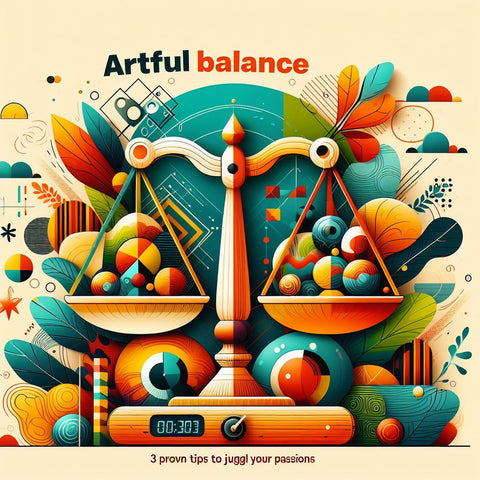 A banner for a blog titled 'Artful Balance: 3 Proven Tips to Juggle Your Passions' with a theme of colorful geometric shapes and a balance scale