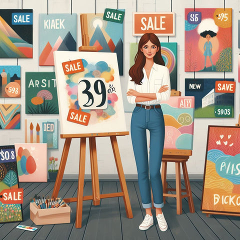 An image of a colorful art studio with paintings that have different prices and discounts. Some paintings have stickers that say 'Sale', 'New', or 'Last Chance'. The artist is standing next to a painting that has a high price and a confident smile.