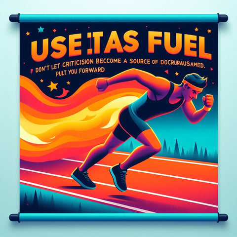 The banner shows a person running on a track, with a fire behind them, symbolizing the criticism. The person has a determined expression and a sweatband on their forehead, symbolizing their effort and resilience. The banner has a bright and energetic color scheme that conveys the idea of motivation and action.