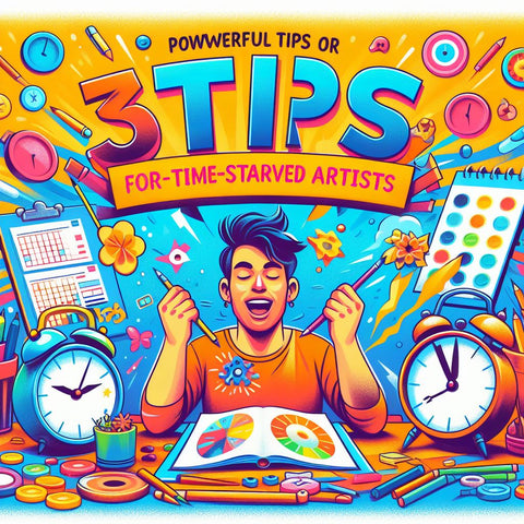 A colorful banner with the title 3 Powerful Tips for Time-Starved Artists. The image show a person managing their time and creating art with different tools and techniques. The person is smiling and focused, surrounded by clocks and calendars of different colors that represent their time management skills.