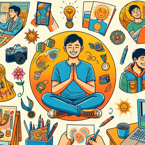 A colorful image that shows a person practicing gratitude and self-care with different activities. The person is smiling and relaxed, surrounded by objects and symbols that represent their artistic journey, such as a sketchbook, a camera, a medal, etc.