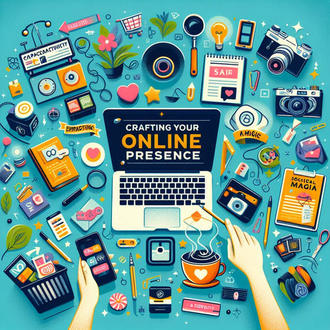 An image for a website blog post about crafting your online presence. The image show some elements related to building a captivating website or online store, such as a laptop, a camera, a shopping cart, or a credit card. The image also show some elements related to embracing social media magic, such as a smartphone, a tablet, a camera, or some social media icons. The image have the same theme as the last image, which is colorful and creative and something related to real world.