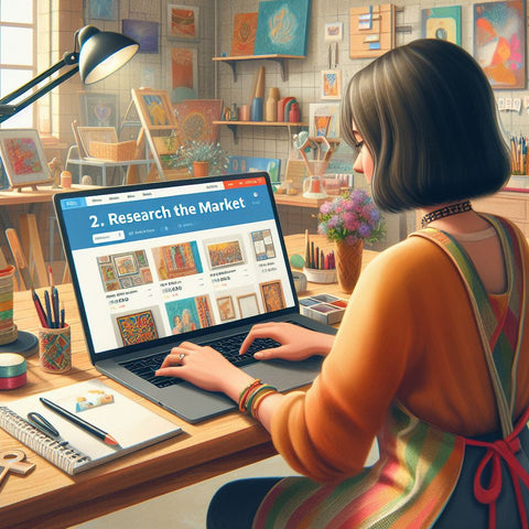 An image for a blog post about 2. Research the Market. The image shows a person browsing a website on a laptop in an art studio. The person is wearing a colorful apron and has a notebook and a pen on the desk. The website has a list of art and crafts for sale, with prices and ratings. The person is comparing their own work with the online offerings. The background is a realistic scene of an art studio with various tools, materials, and artworks on the walls and shelves.
