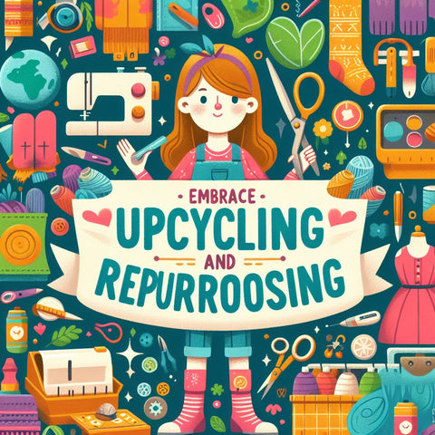 A colorful banner with a girl character holding a pair of scissors and a sewing machine, surrounded by various upcycled and repurposed items and the text 'Embrace Upcycling and Repurposing'