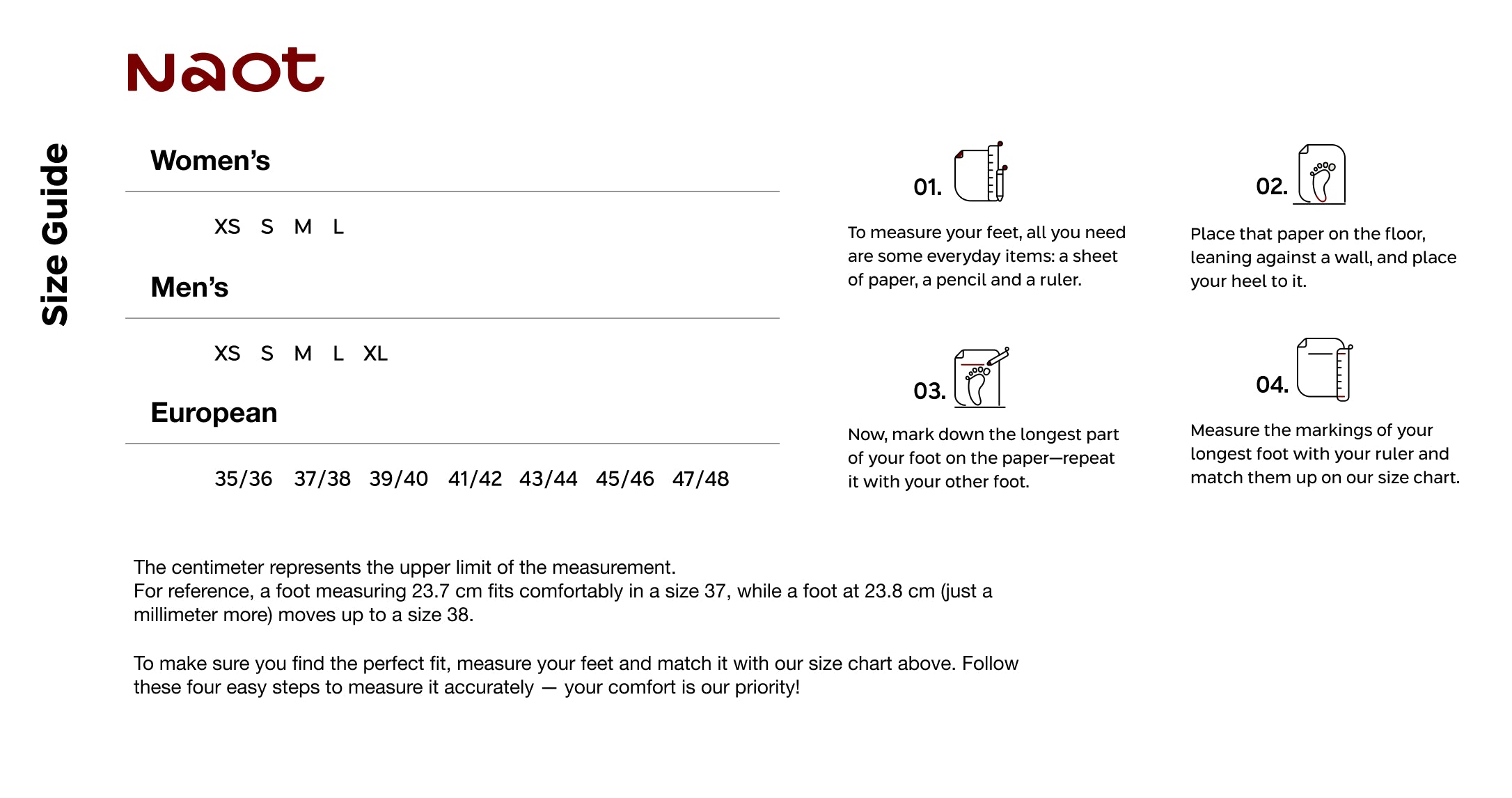 Naot Size Chart For Men and Women