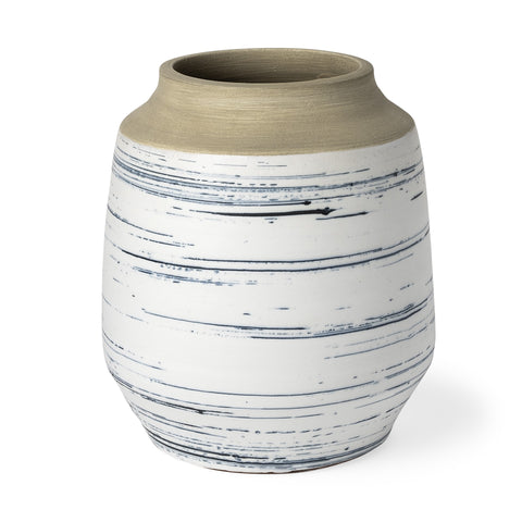 10-inch Blue White and Sand Coastal Ceramic Vase with a rustic charm, showcasing sparse blue stripes on a light brown background.
